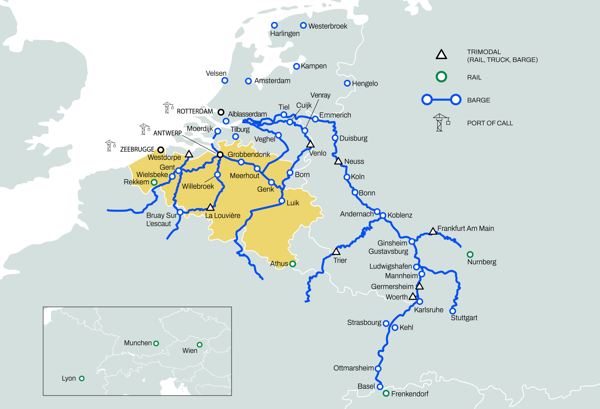 MSC Belgium intermodal network map illustration