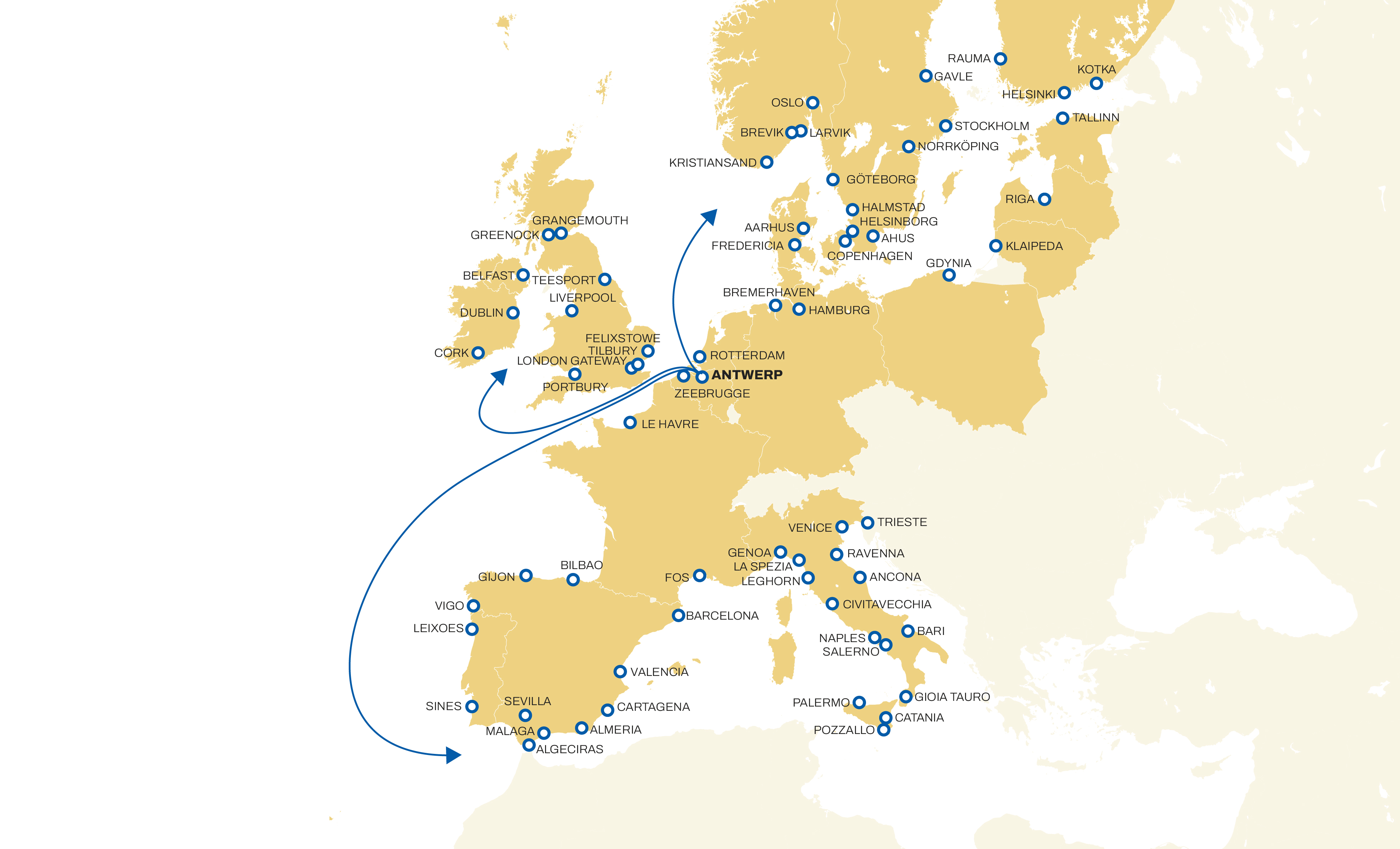 MSC Beldium connections to europe map illustration
