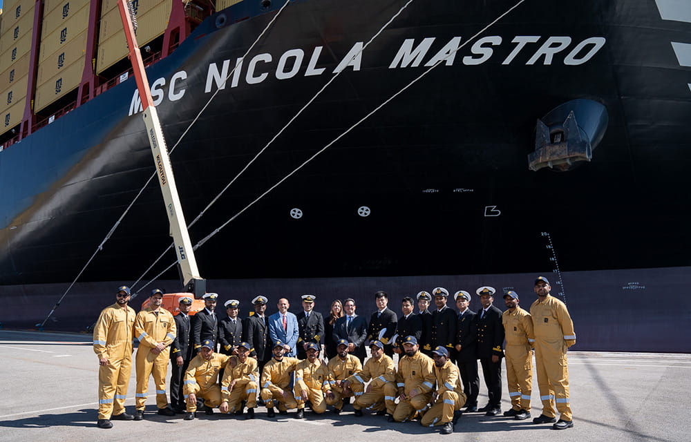 Crew in front of MSC Niicola Mastro vessel