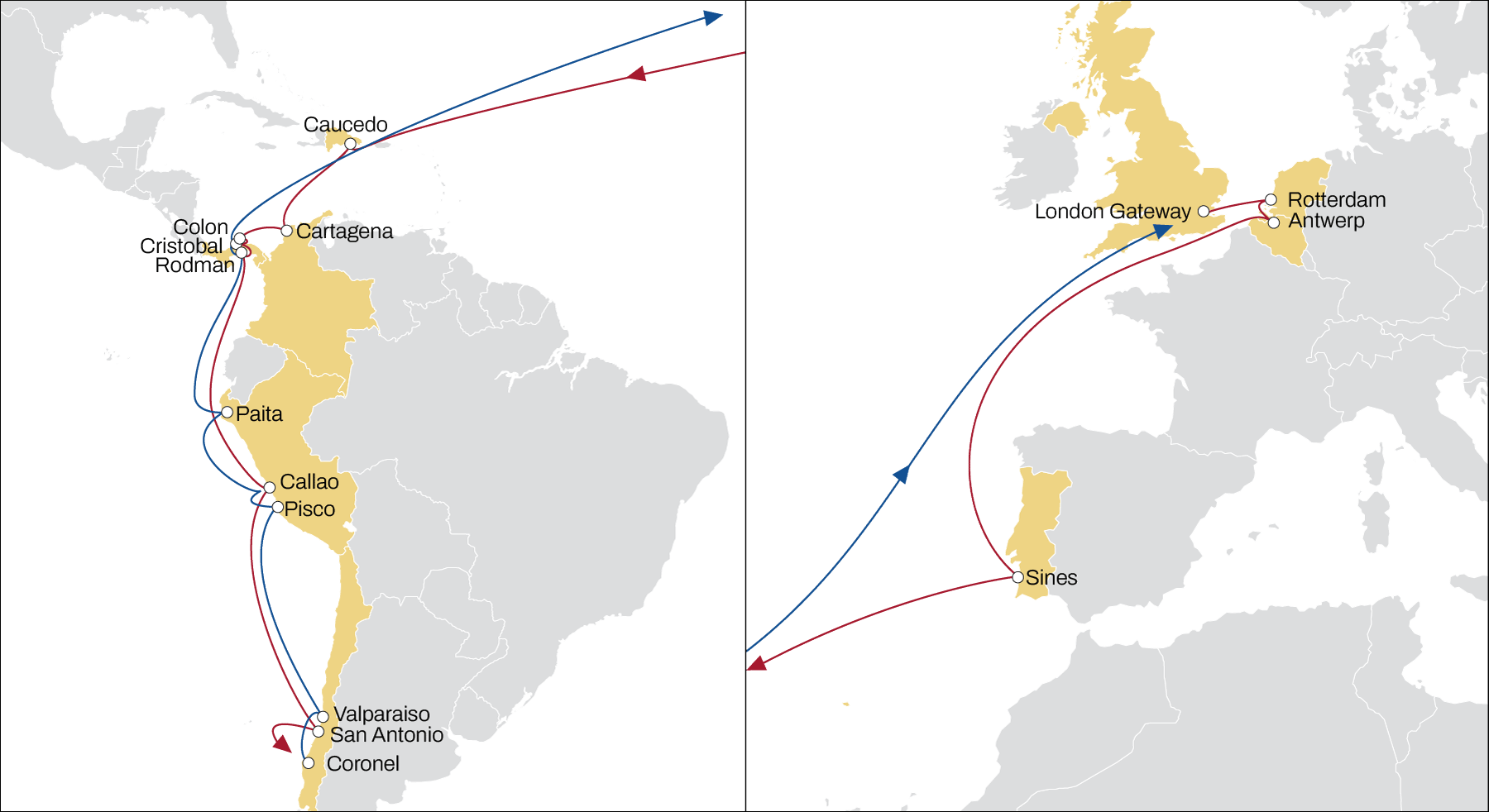 NWC to USA and SAWC map