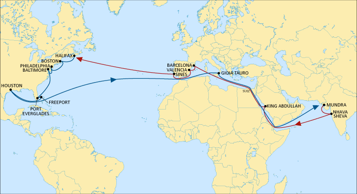 MSC Indus Service map