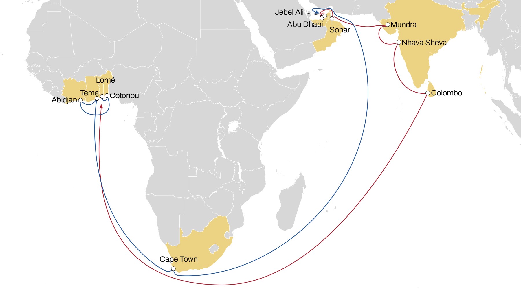 MSC offers the specialized service IAS India-Africa Service (IAS), connecting trade between West and South Africa, the Gulf, and India