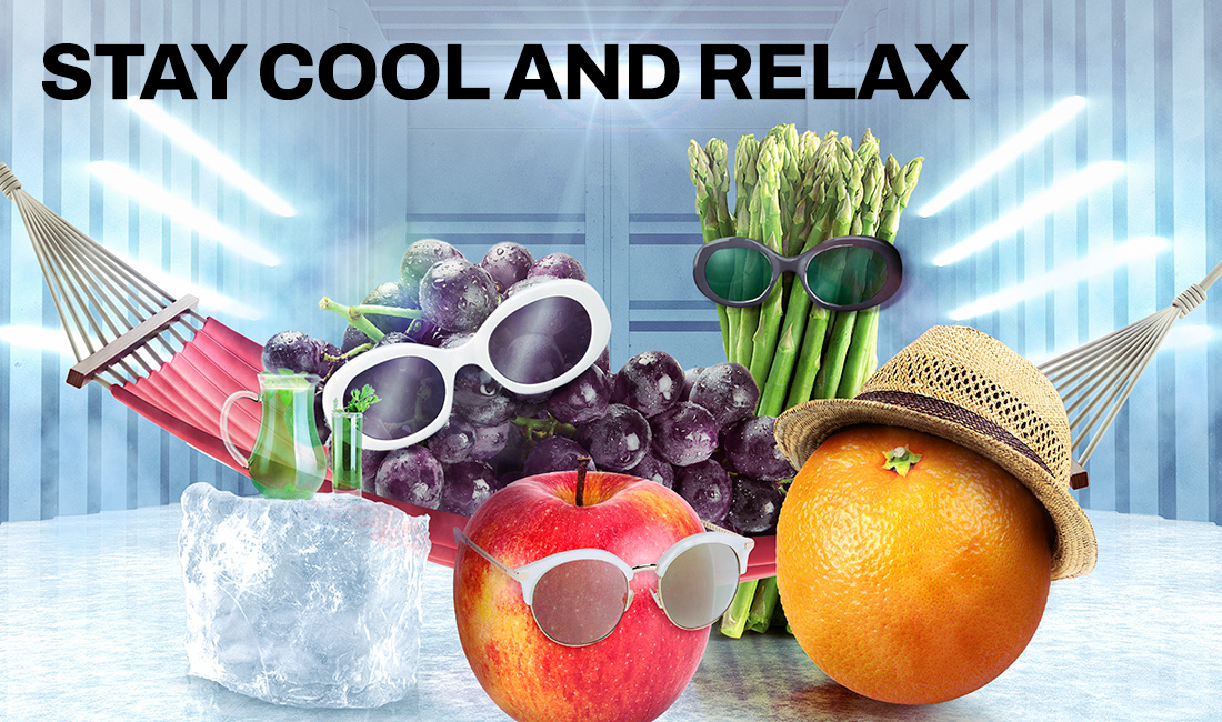 An apple, grapes, an orange, and a bunch of asparagus are all wearing sunglasses. The orange is also wearing a straw hat, while the apple leans against a block of ice. These fruits appear to be lounging in a hammock, with the text "STAY COOL AND RELAX" above them.