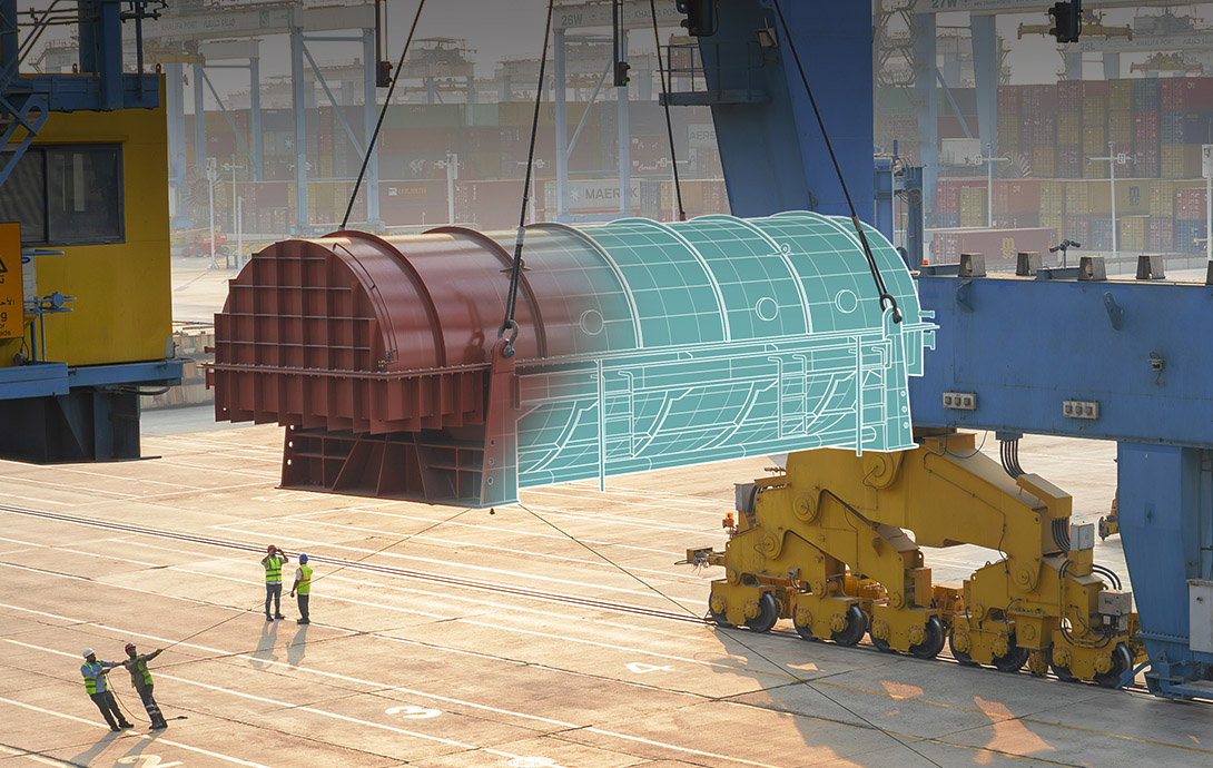 Heavy industrial equipment being loaded onto a ship with the aid of cranes and dock workers, highlighting MSC's expertise in project cargo and breakbulk transportation.