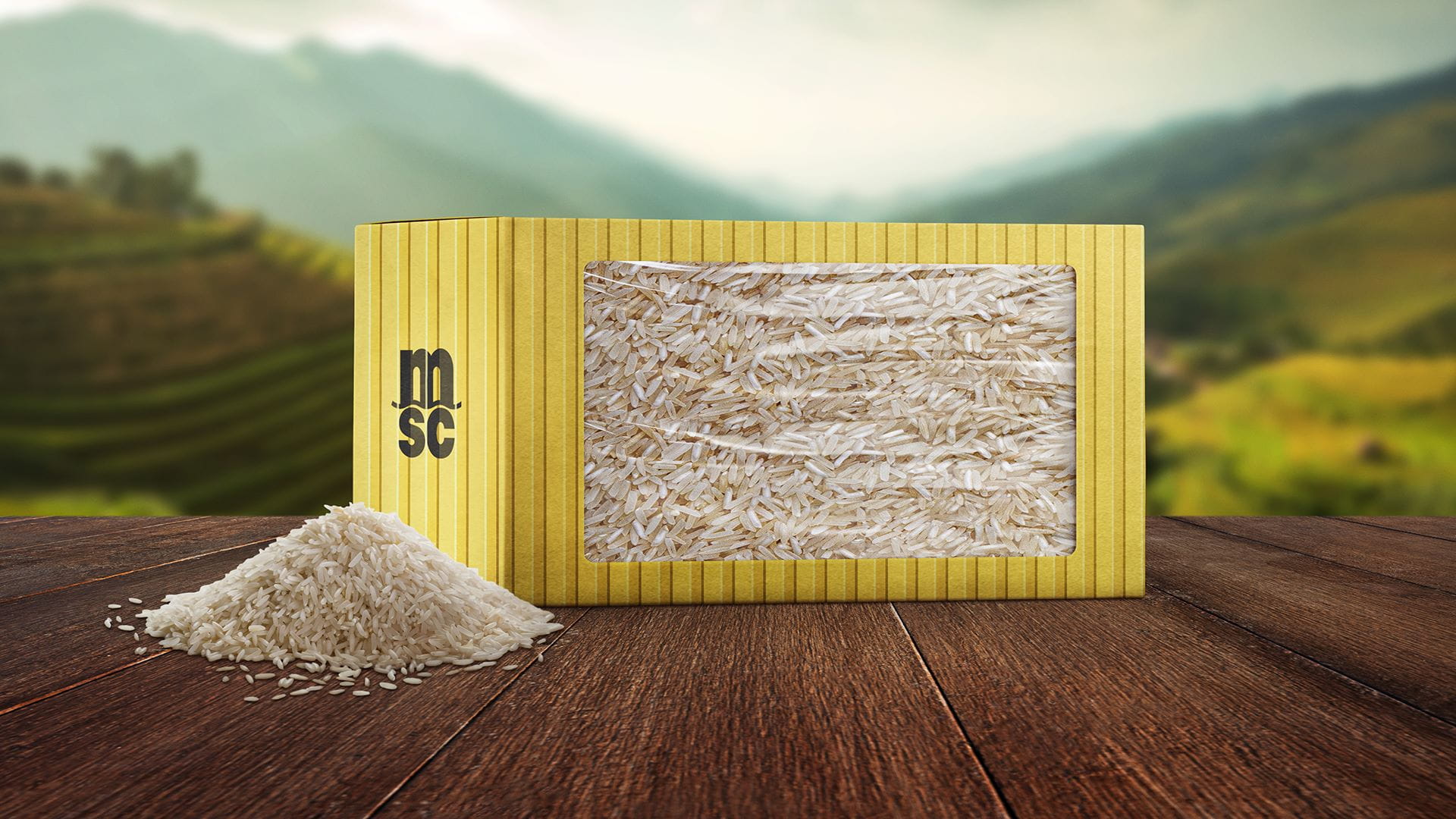 MSC container filled with rice in mountain background